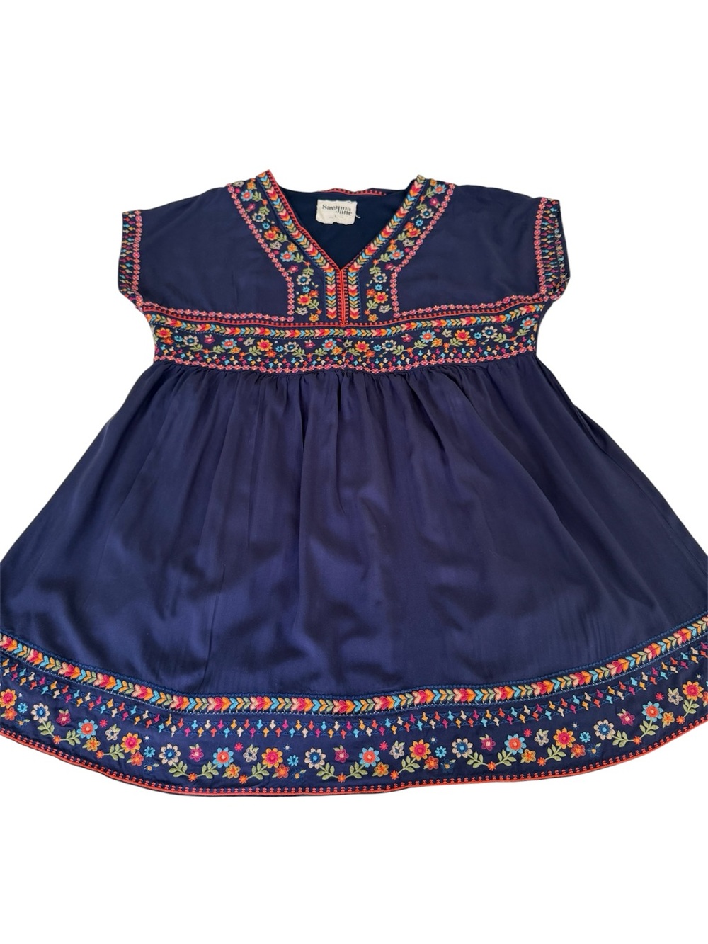 Savanna Jane Navy Embroidered V-Neck Tunic with Multicolor Accents. Size Large. - Picture 2 of 6